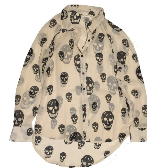 i.Ner Tops - Skull Halloween Sheer Button Shirt Ivory Black S